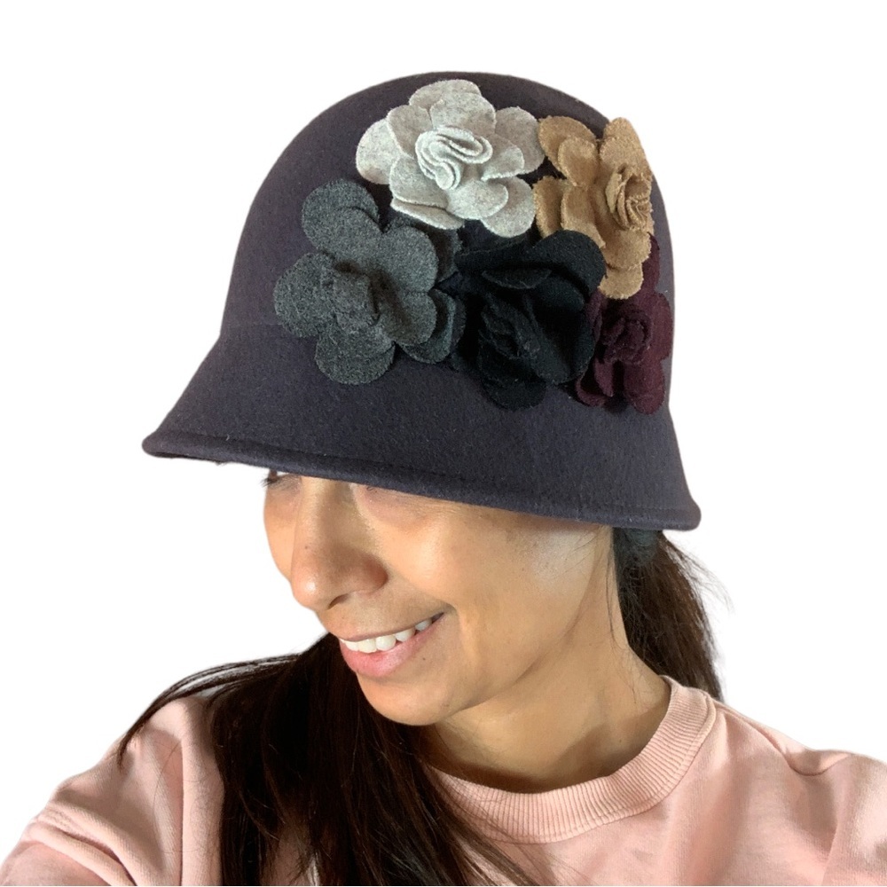 Women’s 100% wool bucket hat, downtown girl, fall gray with multicolor flowers